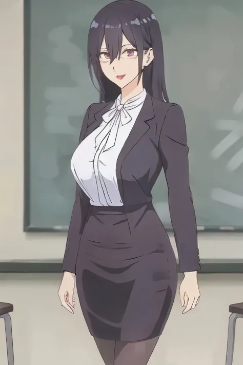 long black haired woman，Sexy 30 year old，can you draw a teacher in front of a blackboard，Supervisor，wearing a dark blue business suit，dark blue tight skirt，high heels，，Please accurately draw her arms and legs，Humans only have 2 arms，A，high heels，  Attracti...