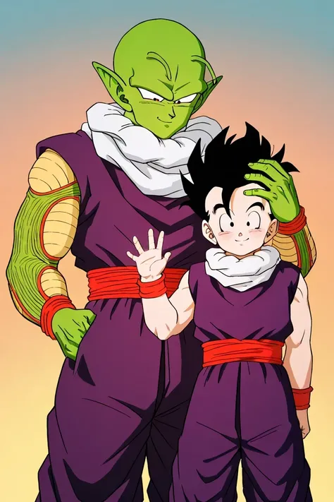 piccolo's face with confident smile, piccolo placing one hand on a child Gohan's head, warm atmosphere, soft white gradient background with subtle glow around characters, masterpiece, high detailed, best quality, child gohan g0h4n with joyful smile in purp...