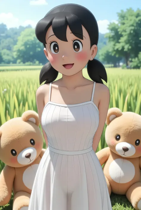 Visible female panties, front posing, ("Facial expression in Happy big Orgasm"), Both hands lying behind the back, (photorealistic:1.6) ((Indonesian hijab)), background rice paddy. daytime atmosphere, (((please don't showing any finger!!!))), (BARING DIATA...