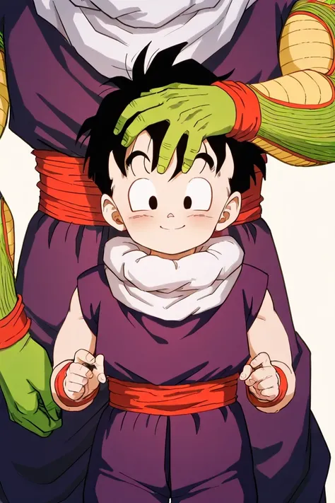 height difference, from thighs up view of piccolo, piccolo placing a hand on a child Gohan's head with shy smile, warm atmosphere, white simple background, masterpiece, high detailed, best quality, smiling child gohan g0h4n in purple dougi, white collar, r...