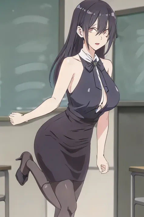 long black haired woman，Sexy 30 year old，Can you draw a teacher in front of the blackboard， can you draw a teacher sitting on a chair，don't crop your face，wellaware ，Wears a dark blue business suit，Dark Blue Tight Skirt，high heels，，accurately depict her ar...
