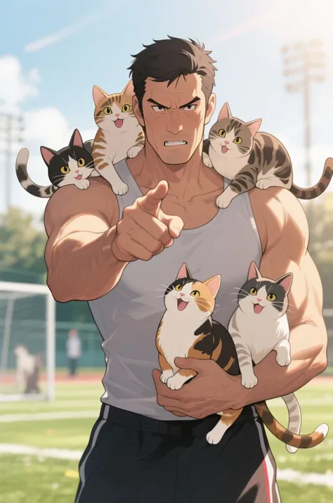 a stern, muscular middle-aged male instructor in a tank top, looking at viewer,
severely scolding and pointing to viewer with a commanding expression,
multiple cats with various fur patterns and color,
happily clinging to him on his shoulders, arms, and...
