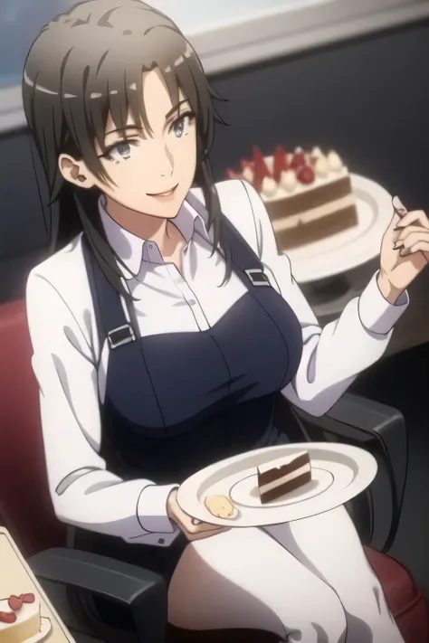 See lots of cakes、draw a woman who wants to be the heroine of a cake?，A place with lots of sweets,draw a woman who eats cake and is satisfied，white blouse，navy blue miniskirt,，OL ，long black hair，Let's draw a more delicate expression，Smiling lovely woman，t...