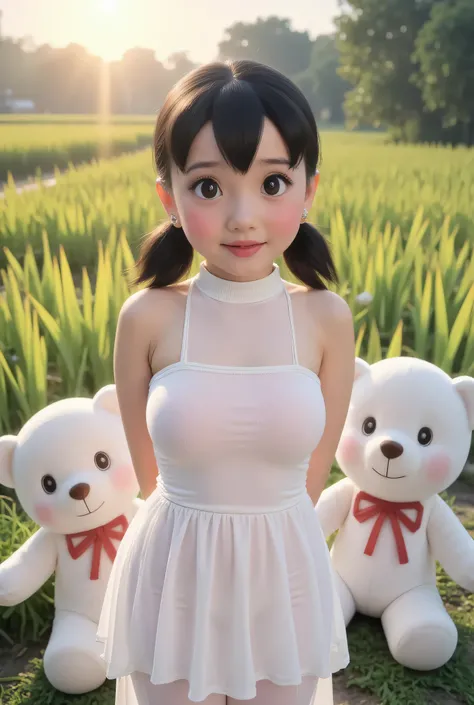 Visible female panties, front posing, ("Facial expression in Happy big Orgasm"), Both hands lying behind the back, (photorealistic:1.6) ((Indonesian hijab)), background rice paddy. daytime atmosphere, (((please don't showing any finger!!!))), (BARING DIATA...