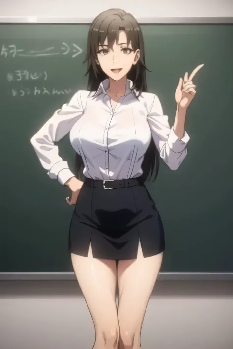 draw facial expressions more delicately，Please draw a picture of a teacher standing alone in front of a blackboard，INSTRUCTOR，，white blouse，navy blue mini skirt,，OL ，long black hair，Let's draw a more delicate expression，Smiling lovely woman，,don't cut out ...