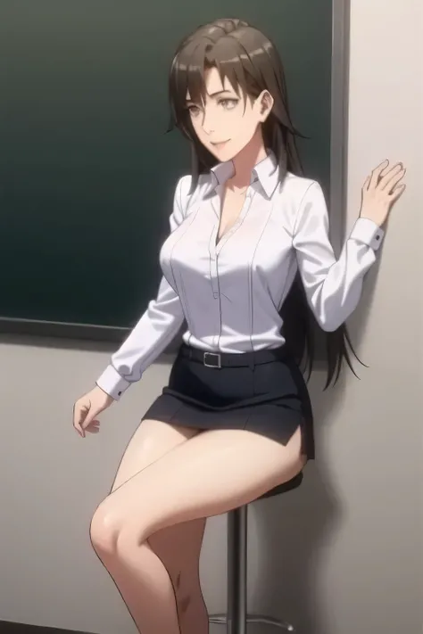 please draw his expression more delicately，Please draw a picture of a teacher standing alone in front of a blackboard，INSTRUCTOR，，white blouse，navy blue miniskirt,，OL ，long black hair，Let's draw a more delicate expression，Smiling lovely woman，,don't cut ou...