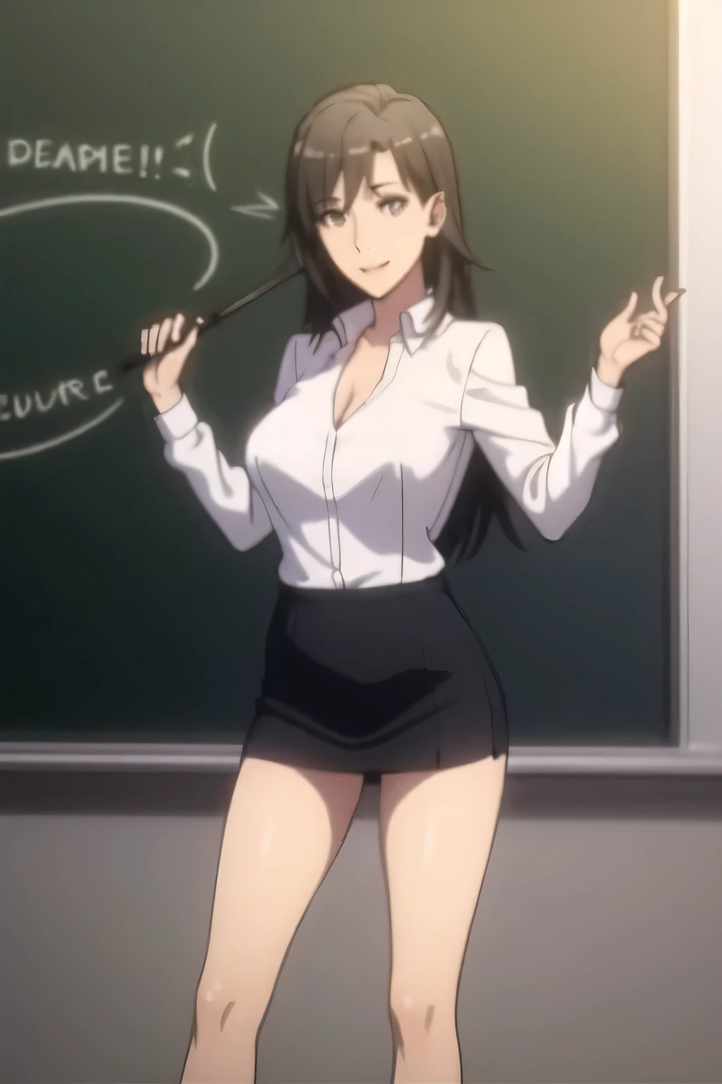 please draw his expression more delicately，Please draw a picture of a teacher standing alone in front of a blackboard，INSTRUCTOR，，white blouse，navy blue miniskirt,，OL ，long black hair，Let's draw a more delicate expression，Smiling lovely woman，,don't cut ou...