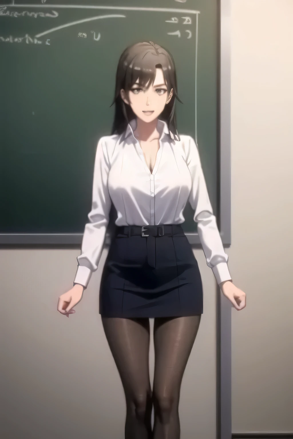 please draw his expression more delicately，Please draw a picture of a teacher standing alone in front of a blackboard，INSTRUCTOR，，white blouse，navy blue miniskirt,，OL ，long black hair，Let's draw a more delicate expression，Smiling lovely woman，,don't cut ou...