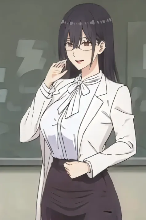 please draw his expression more delicately，Please draw a picture of a teacher standing alone in front of a blackboard，INSTRUCTOR，，white blouse，navy blue miniskirt,，OL ，long black hair，Let's draw a more delicate expression，Smiling lovely woman，,don't cut ou...