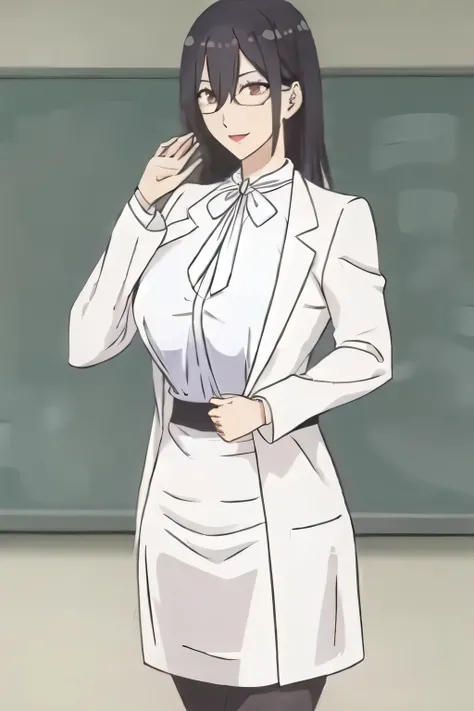 please draw his expression more delicately，Please draw a picture of a teacher standing alone in front of a blackboard，INSTRUCTOR，，white blouse，navy blue miniskirt,，OL ，long black hair，Let's draw a more delicate expression，Smiling lovely woman，,don't cut ou...