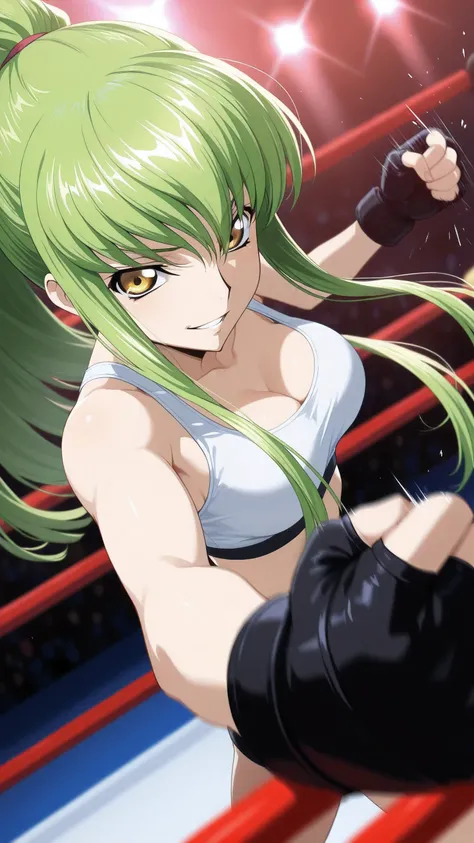 C.C., Code Geass, gold eyes, ponytail hair, solo, Detailed eyes, white sports bra, black boy leg underwear, black fingerless gloves, thigh, cleavage, medium breast, serious grin, looking at viewer, Detailed eyes, Detailed face, upper body, face focus, from...