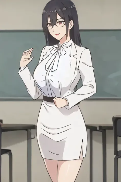 Please draw his expression more delicately，Please draw a picture of a teacher standing alone in front of a blackboard，INSTRUCTOR，，white blouse，navy blue mini skirt,，OL ，long black hair，Let's draw a more delicate expression，Smiling lovely woman，,Don't cut o...