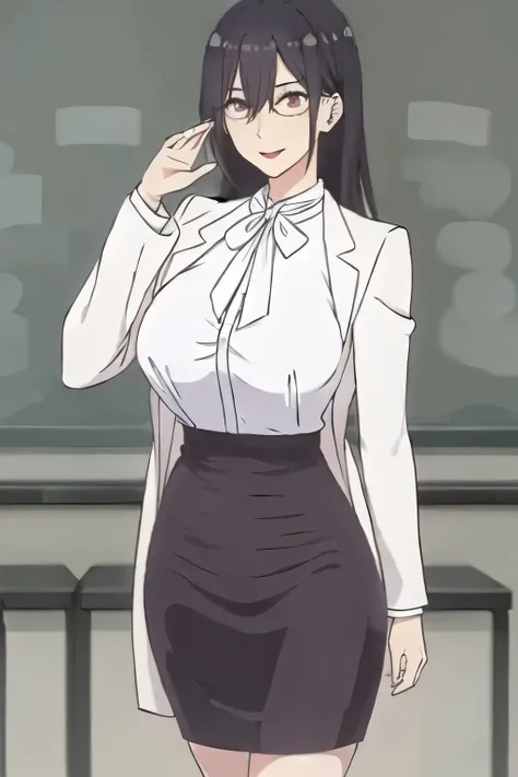 Please draw his expression more delicately，Please draw a picture of a teacher standing alone in front of a blackboard，INSTRUCTOR，，white blouse，navy blue mini skirt,，OL ，long black hair，Let's draw a more delicate expression，Smiling lovely woman，,Don't cut o...