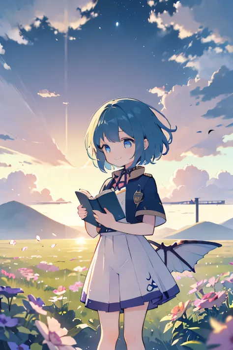 A soft-voiced female instructor with gentle eyes and a calm smile, standing in the middle of a surreal, wild natural environment — a floating classroom in the sky, surrounded by giant glowing flowers, colorful clouds, and fluttering magical creatures. Her ...