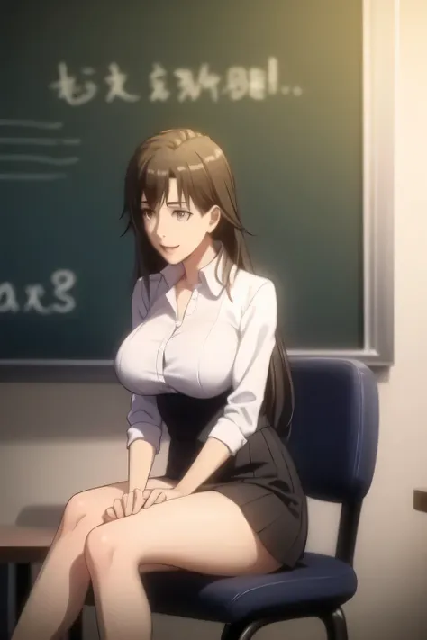 Please draw his expression more and more delicately，Draw a picture of a teacher sitting on a chair in front of a blackboard，I'm sitting with my legs closed，INSTRUCTOR，，white blouse，navy blue mini skirt,，OL ，long black hair，Let's draw a more delicate expres...