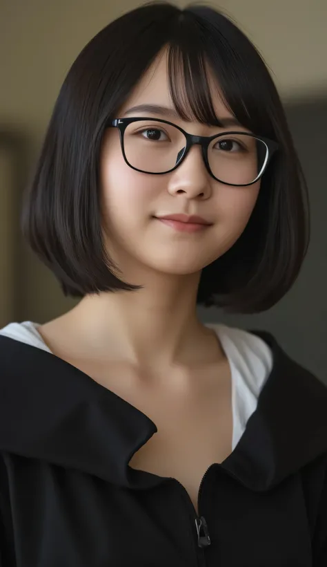 1girl, Solo, High Resolution, Masterpiece, Anatomically Correct, Accurate, real proportions, detailed skin, detailed face, Best Quality, real life style, black hair, bob hair, glasses, black clothing, portrait
