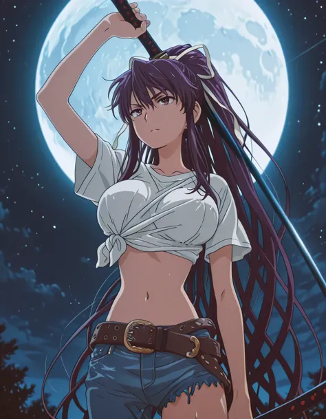 score_9, score_8_up, score_7_up, score_6_up, score_5_up, score_4_up, anime screencap , Kaori Kanzaki, alone , wielding a (((one Japanese sword))), full moon, dark sky, Anime Style , long hair,ribbon, breasts ,asymmetrical clothes,ponytail,very long hair,...
