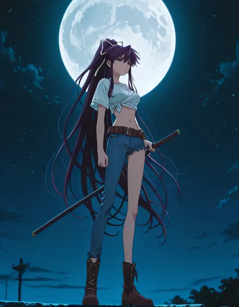 score_9, score_8_up, score_7_up, score_6_up, score_5_up, score_4_up, anime screencap , Kaori Kanzaki, full moon, dark sky, Anime Style , long hair,ribbon, breasts , asymmetrical clothes , ponytail,very long hair,tied shirt,belt,denim,sheath, navel , ...