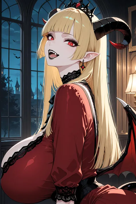 masterpiece, best quality, amazing quality, very aesthetic, absurdres, newest, 1girl, mature, fair skin, blonde hair, long hair, hime cut bangs, red eyes, solo, red dress, black eyeshadow, black lips, pointed ears, fangs, vampire, succubus, wings, horns, t...
