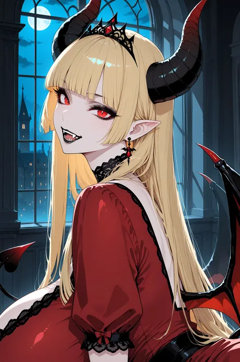masterpiece, best quality, amazing quality, very aesthetic, absurdres, newest, 1girl, mature, fair skin, blonde hair, long hair, hime cut bangs, red eyes, solo, red dress, black eyeshadow, black lips, pointed ears, fangs, vampire, succubus, wings, horns, t...