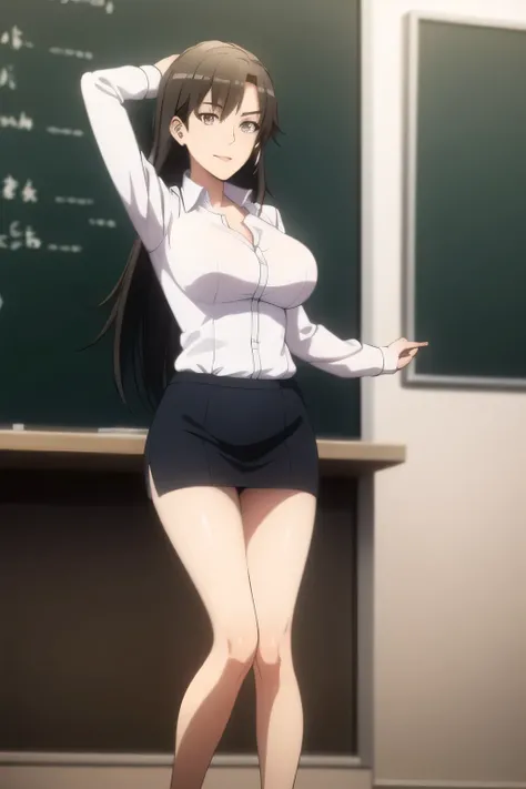 Please draw his expression more delicately，please draw a picture of a teacher standing alone in front of a blackboard，Instructor，，white blouse，navy blue mini skirt,，OL ，long black hair，Let's draw a more delicate expression，Smiling lovely woman，,Don't cut o...