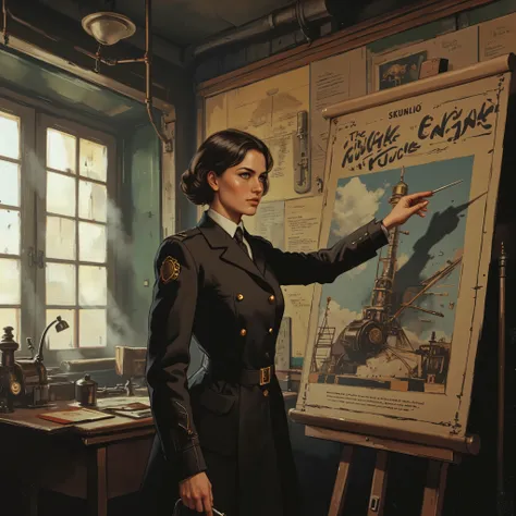 Soft-voiced Instructor. Beautiful and charming young Indian woman with short haircut - instructor at a dieselpunk aviation academy. She is explaining the fighter engine mechanics on an educational poster, standing beside it with a pointer in a classroom se...