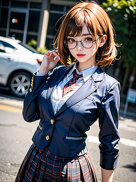 /*Glasses unseal date*/,(((round glasses))),(((female high school student))),((( blazer school uniform))),(((tartan check flared skirt))),(low angle),(popular hair that ties the neckline:1.3),(Skirt that flutters in the wind:1.3),(shiny silver and orange i...