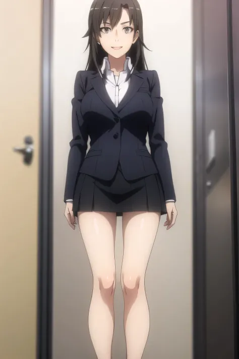Make his expression more delicate Please draw it，picture of a teacher standing alone in front of a blackboard Please draw it，Instructor，，white blouse，navy blue mini skirt,，OL ，long black hair，Let's draw a more delicate expression，Smiling lovely woman，,Don'...