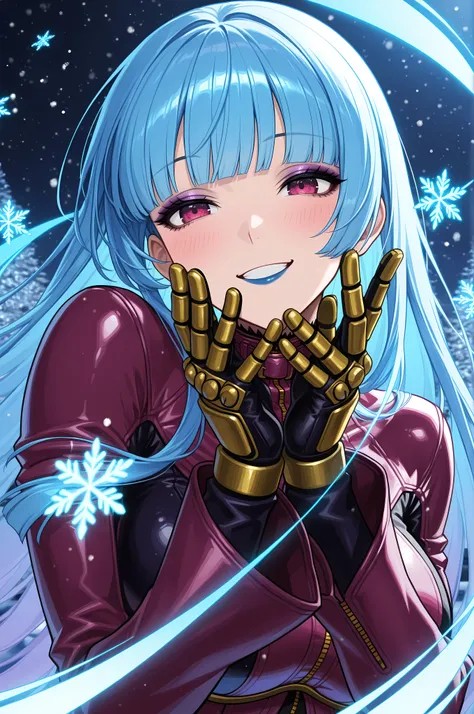 masterpiece, best quality, absurdres, newest, very aesthetic, amazing quality,highres, solo, Kula Diamond \(king of fighters\), blue hair, hime cut, purple eyes, gloves, (1girl), (detailed face:1.2), (detailed eyes:1.3), black eyeliner,purple eyeshadow, bl...