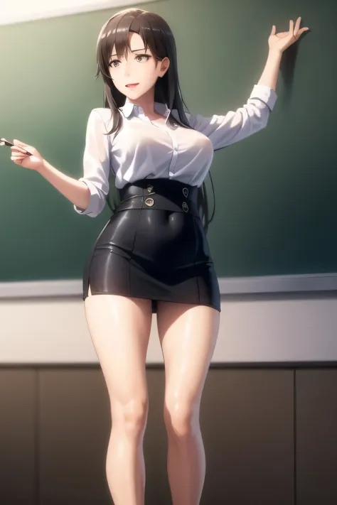 Please draw his expression more delicately，please draw a picture of a teacher standing alone in front of a blackboard，Instructor，，white blouse，navy blue mini skirt,，OL ，long black hair，Let's draw a more delicate expression，Smile Yanの素敵な女性，,Don't cut out he...