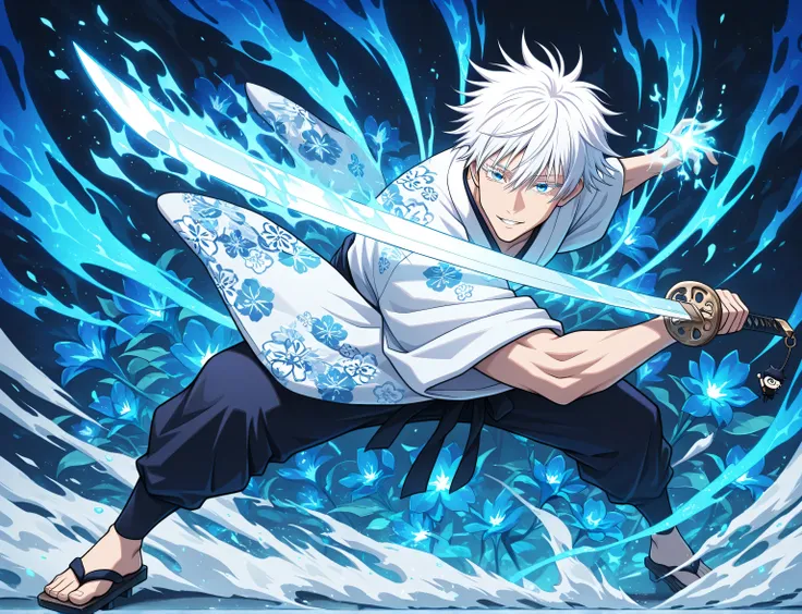 1man, adult, male focus, gojou satoru, jujutsu kaisen, white hair, short hair, ((hair between eyes)), colored eyelashes, white eyelashes, blue eyes, intricate eye iris, detailed eyes, muscular male, sexy man, handsome man, handsome face, white kimono with ...