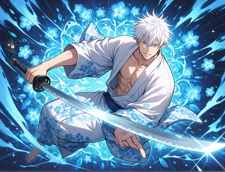 1man, adult, male focus, gojou satoru, jujutsu kaisen, white hair, short hair, ((hair between eyes)), colored eyelashes, white eyelashes, blue eyes, intricate eye iris, detailed eyes, muscular male, sexy man, handsome man, handsome face, white kimono with ...