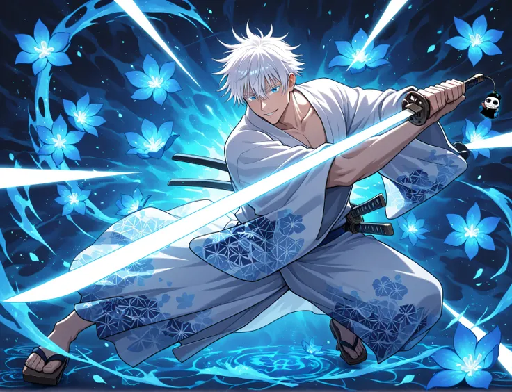 1man, adult, male focus, gojou satoru, jujutsu kaisen, white hair, short hair, ((hair between eyes)), colored eyelashes, white eyelashes, blue eyes, intricate eye iris, detailed eyes, muscular male, sexy man, handsome man, handsome face, white kimono with ...