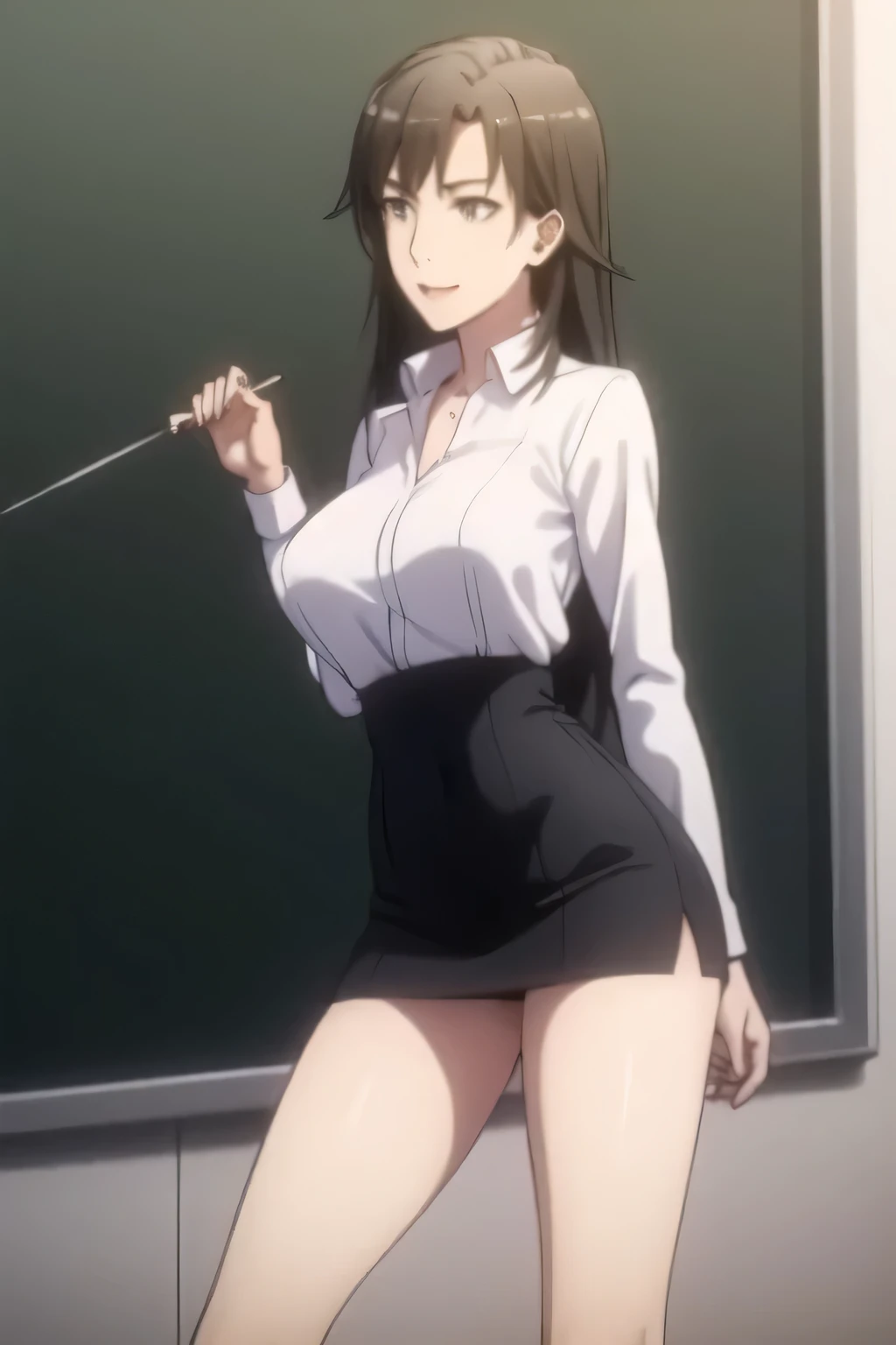 Please draw his expression more delicately，please draw a picture of a teacher standing alone in front of a blackboard，Instructor，，white blouse，navy blue miniskirt,，OL ，long black hair，Let's draw a more delicate expression，Smile Yangの素敵な女性，,Don't cut out he...