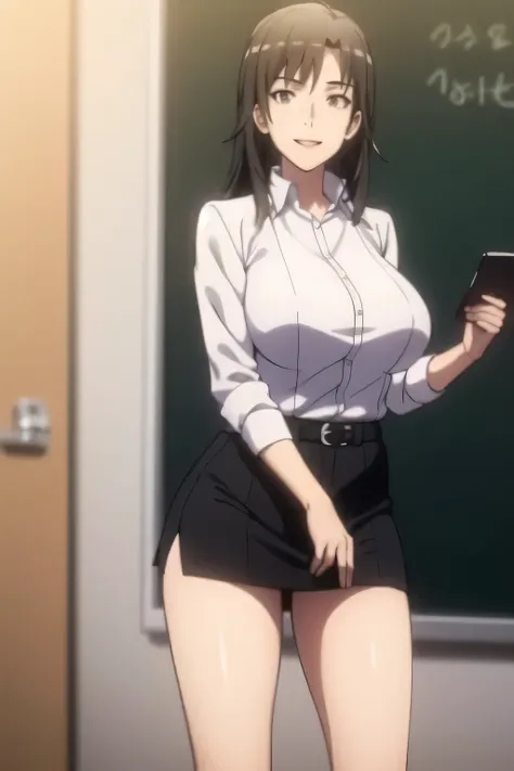 Please draw his expression more delicately，please draw a picture of a teacher standing alone in front of a blackboard，Instructor，，white blouse，navy blue miniskirt,，OL ，long black hair，Let's draw a more delicate expression，Smile Yangの素敵な女性，,Don't cut out he...