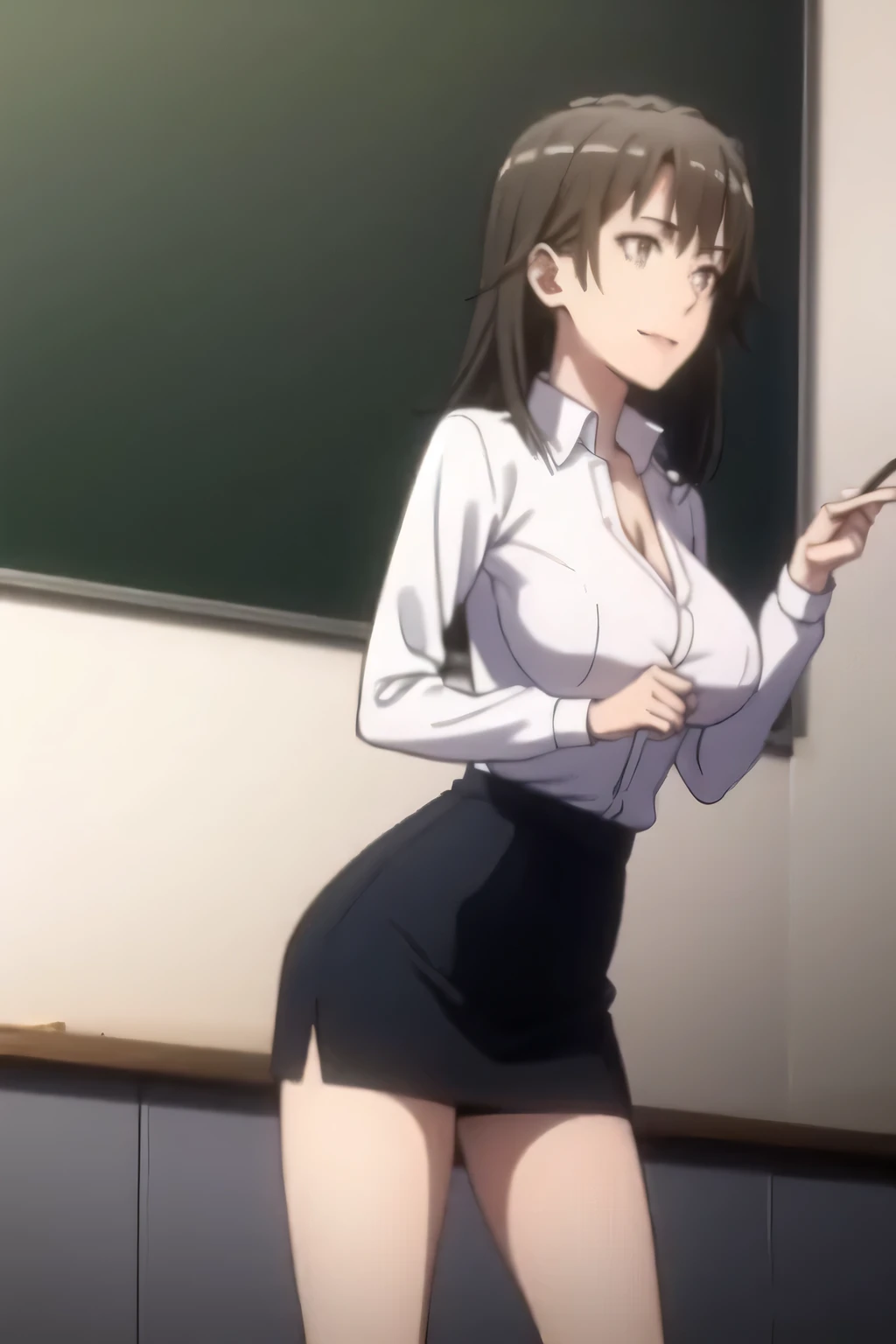 Please draw his expression more delicately，please draw a picture of a teacher standing alone in front of a blackboard，Instructor，，white blouse，navy blue mini skirt,，OL ，long black hair，Let's draw a more delicate expression，Smiling lovely woman，,Don't cut o...