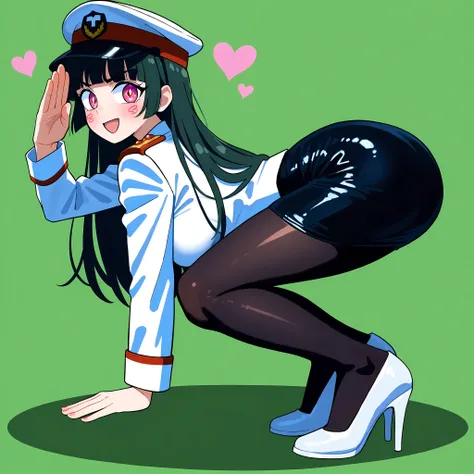 Vannamelon, Female Instructor　military white uniform　military hat　long black hair in the library　It looks scary but it looks fun　　tight leather skirt　salute pose black tights　white high heels, training a soldier, seated over a girl doing push-up