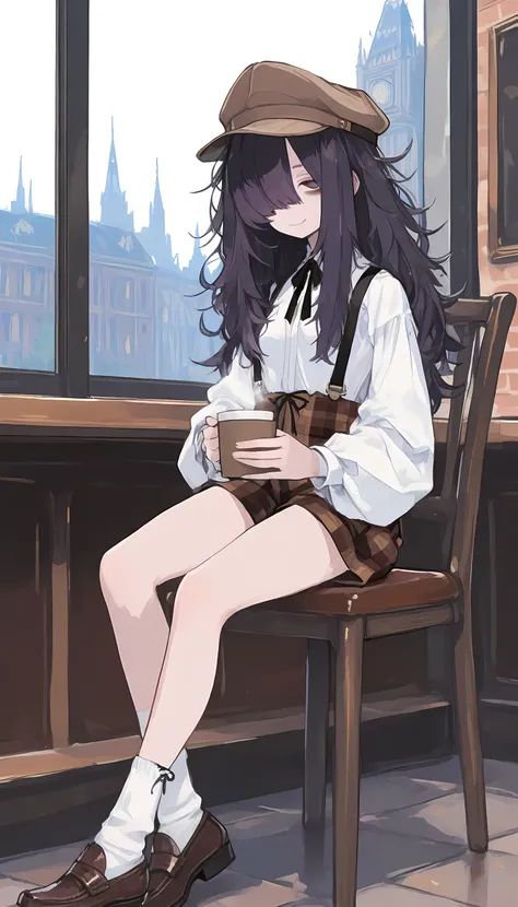 (masterpiece, highest quality), (very detailed, highest quality, official art, beautiful and aesthetic: 1.3),1girl,solo,brown newsboy cap,long hair,dark purple hair, ((messy hair)), hair over one eye, (hair over right eye),((jitome)) ,bags under eyes,smile...