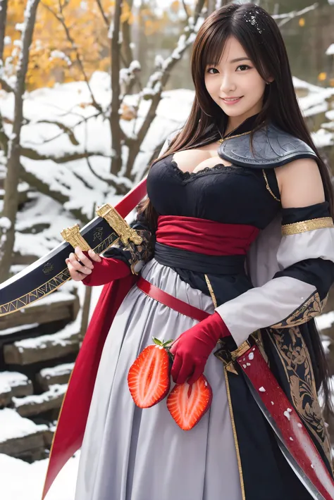 ((highest quality)), (be familiar with), perfect face, Japanese, 30age, smile, Full body Esbian:1.5, big breasts:1.5, Woman warrior:1.5, maid clothes armor:1.5, adventurer, huge sword, huge sword, huge sword, huge gun, huge fruit knife, huge fruit knife, h...