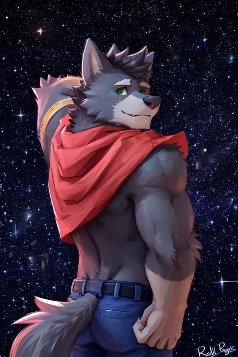 (great quality), lobo, alone, detailed face, detailed body, 5 fingers, Detailed hands, green eyes, detailed eyes, short hair, 2 arms, whole body, ((creative pose to draw it)), to the screen,((image for circular profile picture)), ((starry background)), por...