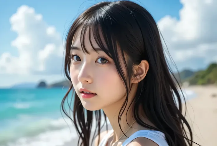 staring into the distance, Scenery spreading and clouds scattered. emphasizes the openness and serenity of the scene, wet hair which suggests she may have been in the water recently or experienced underwater effects、A warm humid day. she's a simple white ...