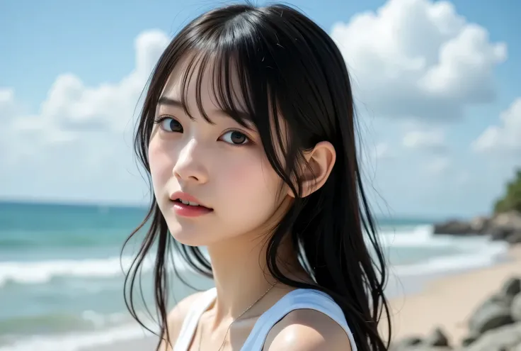 staring into the distance, Scenery spreading and clouds scattered. emphasizes the openness and serenity of the scene, wet hair which suggests she may have been in the water recently or experienced underwater effects、A warm humid day. she's a simple white ...