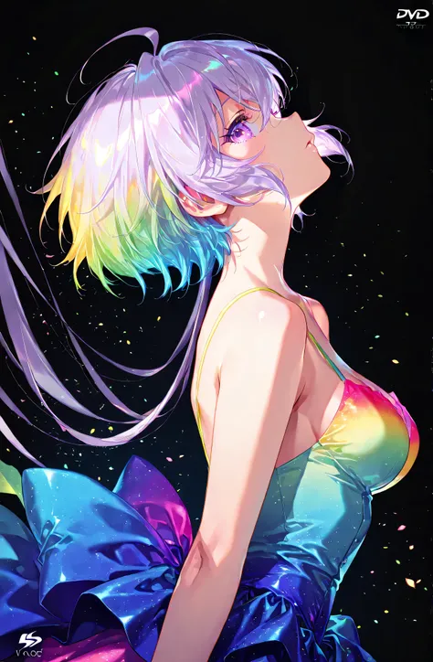 (( 1 girl)), symphogia、Yukine Kurisu、Yukine Chris、high quality DVD、high image quality、beautiful eyes、black background,colorful, vibrant, Shining Contours ,neon,Official Art、profile,viewer, masterpiece, Extremely Aesthetic、battle pose、Animation with movemen...