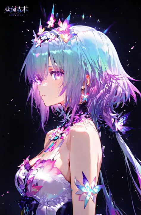 (( 1 girl)), symphogia、Castorice、high quality DVD、high image quality、beautiful eyes、black background,colorful, vibrant, Shining Contours ,neon,Official Art、profile,viewer, masterpiece, Extremely Aesthetic、battle pose、Animation with movement、Light powder、ne...