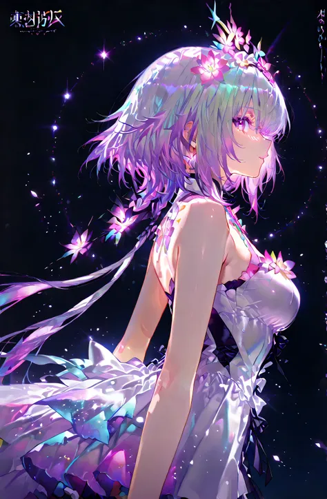 (( 1 girl)), symphogia、Castorice、high quality DVD、high image quality、beautiful eyes、black background,colorful, vibrant, Shining Contours ,neon,Official Art、profile,viewer, masterpiece, Extremely Aesthetic、battle pose、Animation with movement、Light powder、ne...