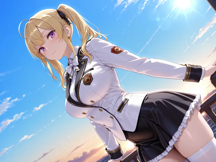 solo,masterpiece,best quality, amazing quality, highres, absurdres, very aesthetic, high resolution, ultra detailed, perfect details,nijirion,large breasts,purple eyes,blonde hair,twintails,ahoge,hair ribbon,nijirioncos,white shirt,white bowtie,white jacke...