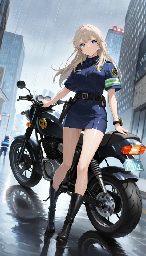 one female, (Police motorbike), ((Highest quality)), ((masterpiece)), (detailed), ((very detailed face)), High resolution photograph, full body portrait, slim face, pretty woman, (platinum blonde long hair), blue eyes, detail eyes, double eyelids, (Beautif...