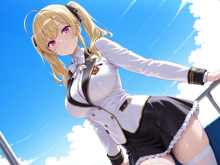 solo,masterpiece,best quality, amazing quality, highres, absurdres, very aesthetic, high resolution, ultra detailed, perfect details,nijirion,large breasts,purple eyes,blonde hair,twintails,ahoge,hair ribbon,nijirioncos,white shirt,white bowtie,white jacke...