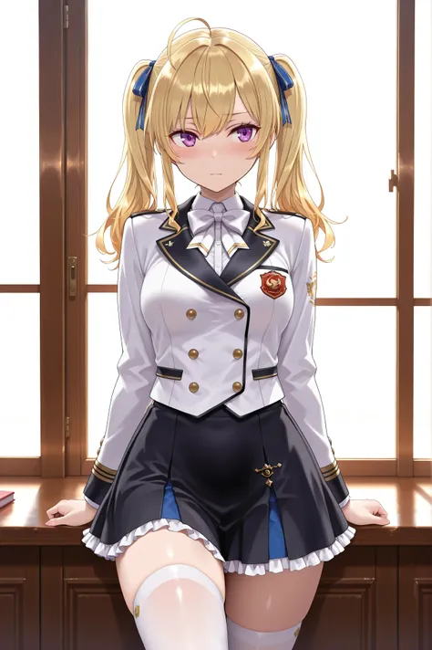 solo,masterpiece,best quality, amazing quality, highres, absurdres, very aesthetic, high resolution, ultra detailed, perfect details,nijirion,medium breasts,purple eyes,blonde hair,twintails,ahoge,hair ribbon,nijirioncos,white shirt,white bowtie,white jack...