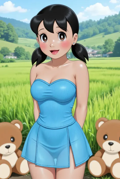 Visible female panties, front posing, ("Facial expression in Happy big Orgasm"), Both hands lying behind the back, (photorealistic:1.6) ((Indonesian hijab)), background rice paddy. daytime atmosphere, (((please don't showing any finger!!!))), (BARING DIATA...